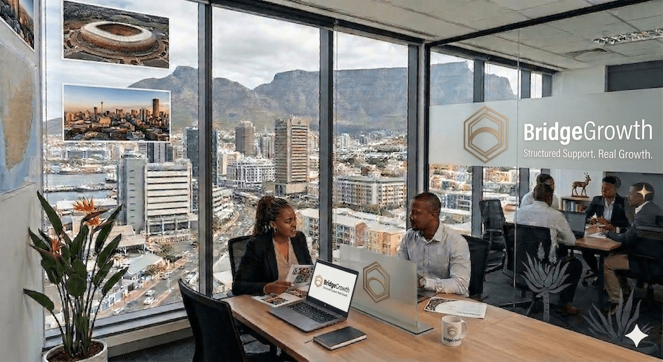 BridgeGrowth team consultation — Cape Town office with Table Mountain view